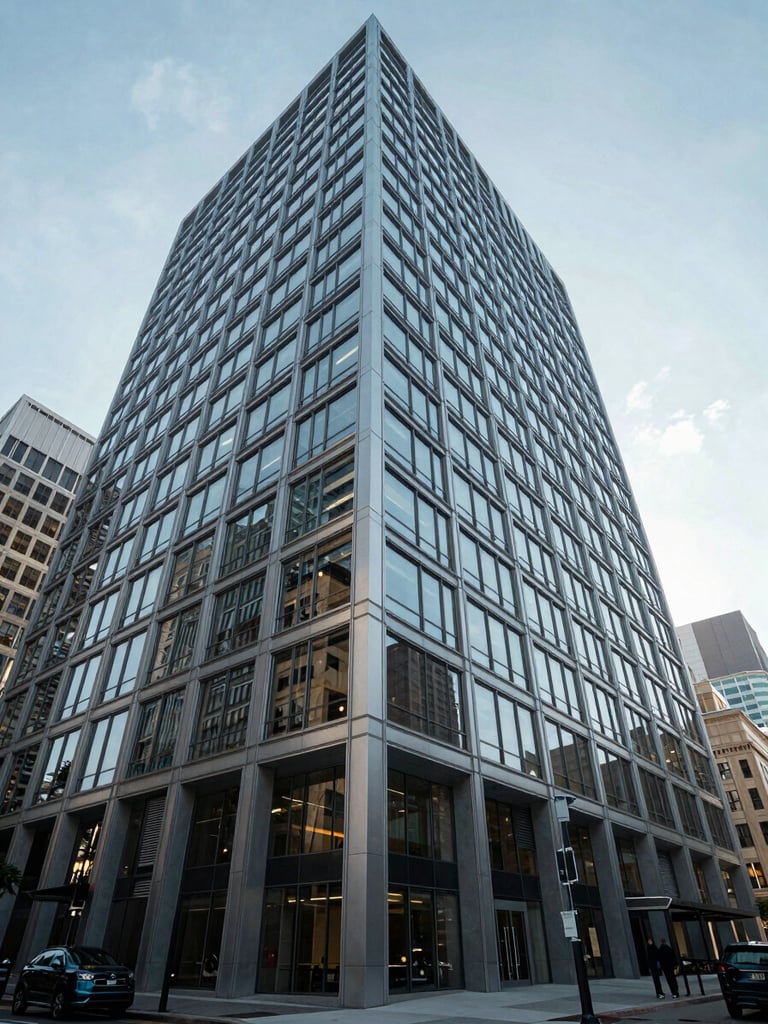 Wide architectural angle of a modern commercial office building in Washington DC, cool-toned daylight, clean lines, glass facade