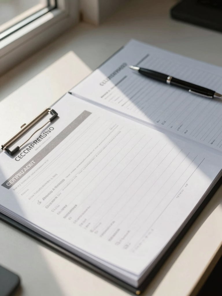 Close-up of an organized office desk seen from above, open compliance checklist folder and printed fiscal documents arranged neatly, a pen resting on lined paper, natural window light from the left, warm off-white surface, no people