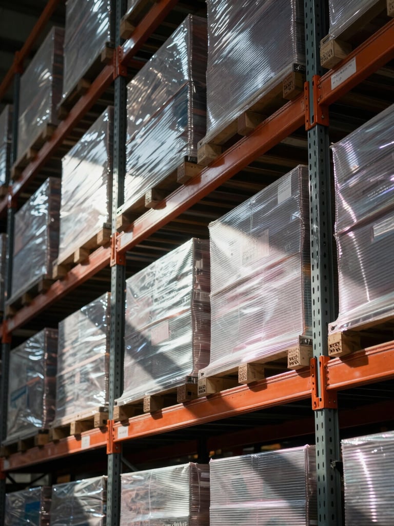 Extreme close-up architectural view of a warehouse shelving system, product units stacked in precise rows under cool fluorescent light, strong geometric shadow lines cutting diagonally across the frame, industrial infrastructure in sharp focus
