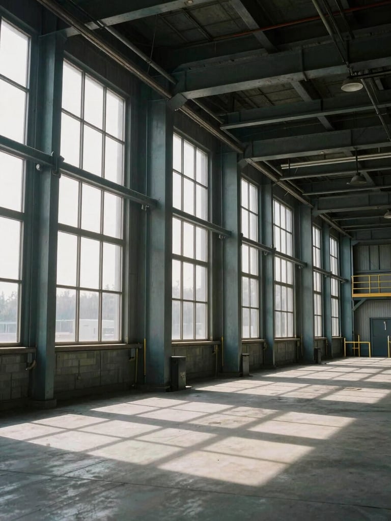 Wide environmental shot of a Pacific Northwest industrial facility interior, structural steel columns receding toward a high-windowed wall, hard daylight casting sharp geometric shadows across a concrete floor, no people, overhead framing emphasizing grid and scale