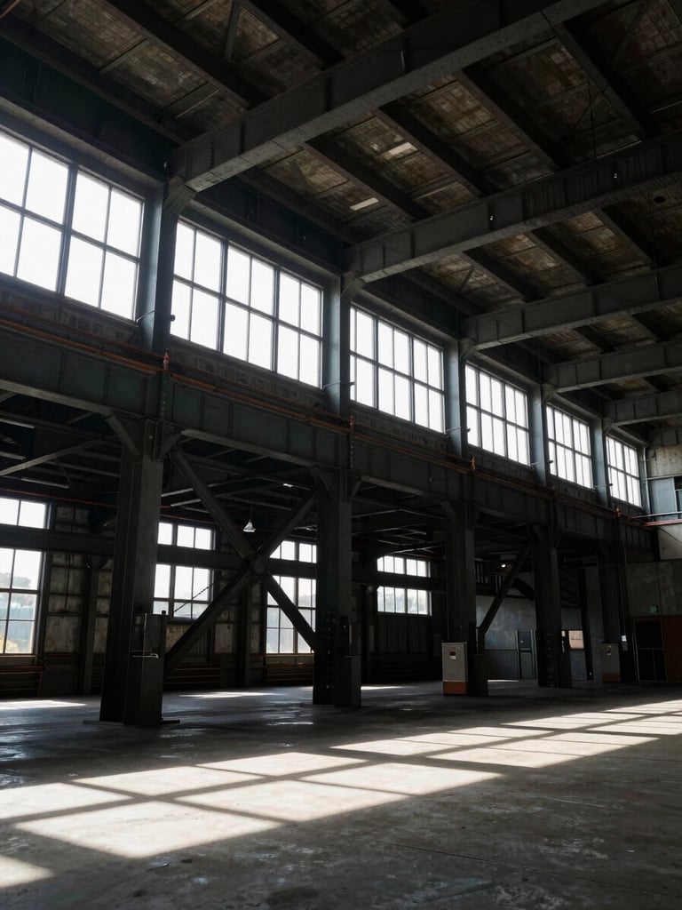Wide architectural interior of a Pacific Northwest industrial building, structural steel beams and concrete grid visible overhead, stark daylight from high clerestory windows casting hard geometric shadows across the floor, shot from low angle emphasizing scale and form, no people