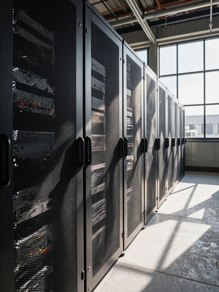 Wide environmental overhead shot of a server rack corridor, high-contrast daylight through narrow industrial windows casting sharp parallel shadow bars across the metal chassis, Portland Pacific Northwest industrial architecture visible through a far window, deep perspective lines receding to the right, 16:9 landscape crop
