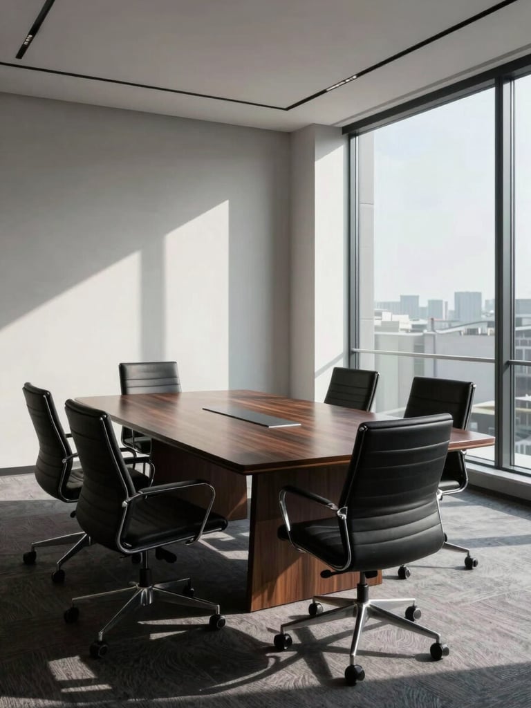 High-contrast corporate boardroom in natural daylight, clean architectural lines, deep shadows, empty chairs around a dark wood table, minimalist executive setting.