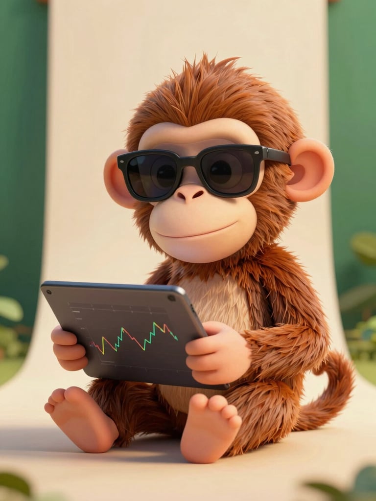 A friendly and stylish cartoon monkey wearing sunglasses, rendered in a warm premium 3D style, sitting comfortably with a tablet showing financial charts, rich cream background, soft lighting
