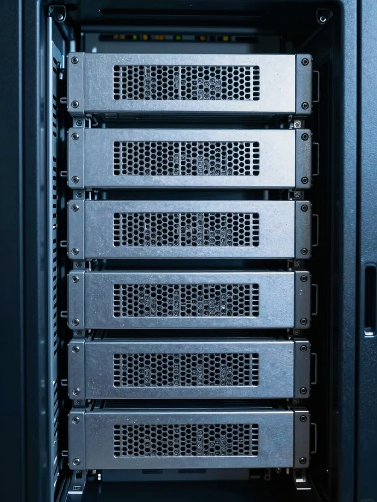 Symmetrical macro photograph of clean server rack infrastructure, cool clinical blue daylight, sharp geometric shadows emphasizing structural precision.