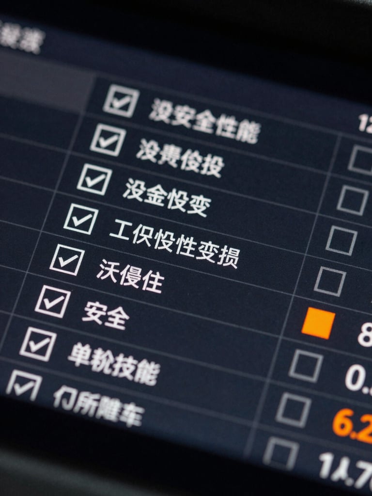 Extreme macro close-up of a high-resolution dark mode digital dashboard displaying compliance checkmarks, clean technical grids, and a single safety-orange indicator showing passed status.