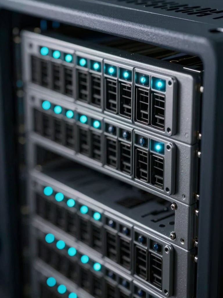 Extreme macro close-up of a clean server rack interface, glowing cyan indicator lights, sharp clinical shadows, technical precision layout