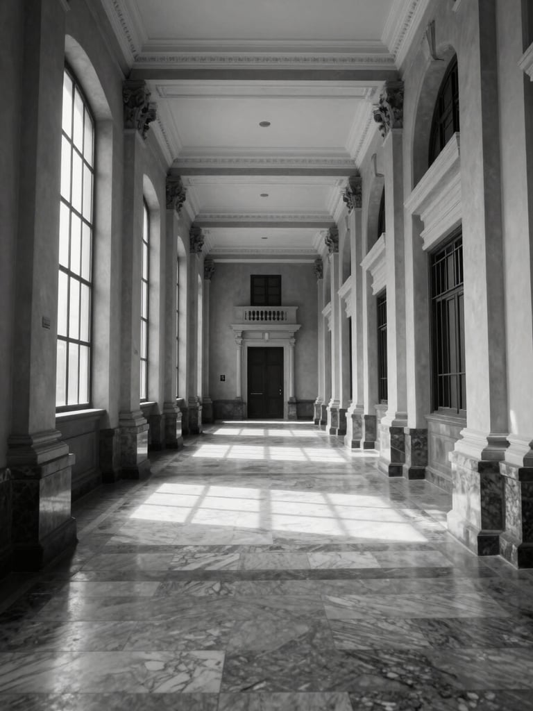 Wide interior of an Ecuadorian courthouse hallway, high ceilings with classical columns, hard natural light cutting through tall windows at a steep angle, empty marble floor, severe architectural symmetry, no people, black and white tonal range