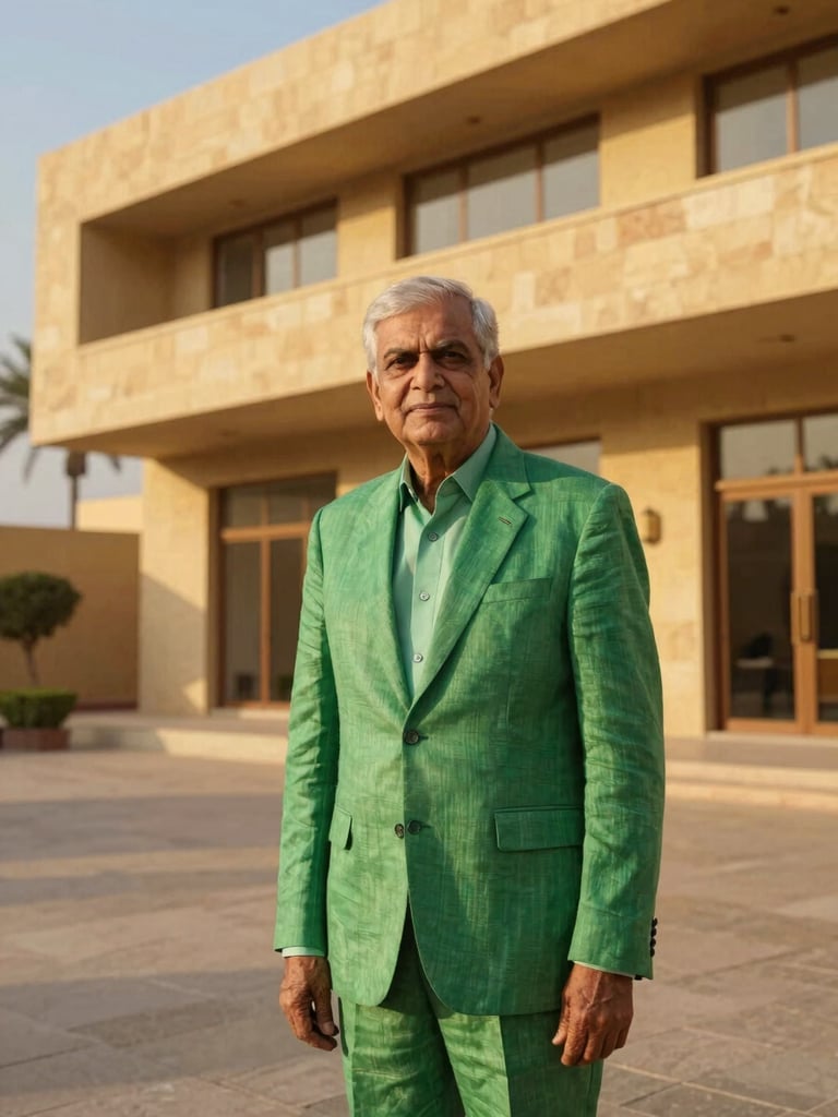 Professional environmental portrait of a senior Indian real estate advisor on-site in Jaipur, wearing a sharp linen suit, warm golden-hour light, modern sandstone building facade in background.