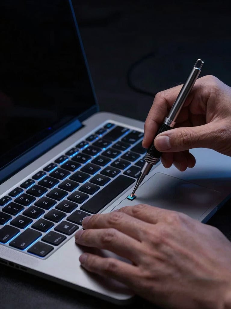 Close up of a technician's hands using precision tools on a premium laptop keyboard, dramatic low-key studio lighting with electric blue accents