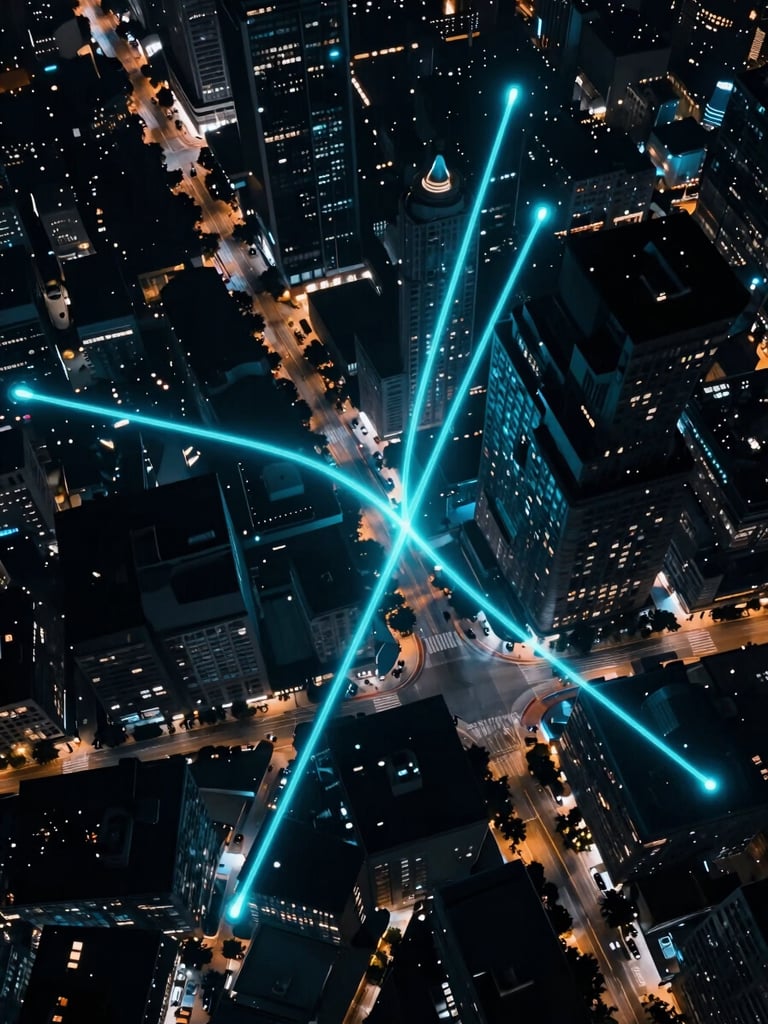 Overhead bird's-eye cityscape at night with glowing electric cyan light trails mapping GPS routes, dark navy ambient tone.