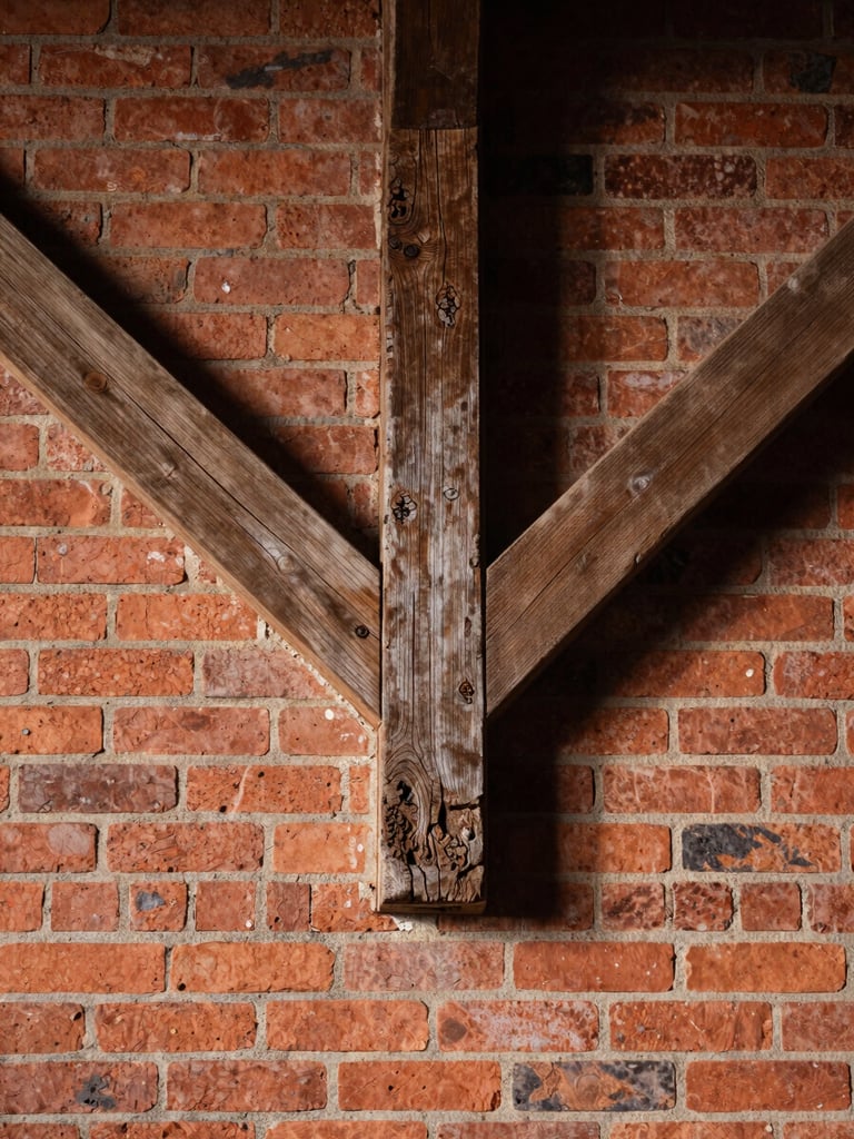 A straight-on architectural detail crop of weathered original timber beams meeting a textured red brick wall in soft, directional morning light.