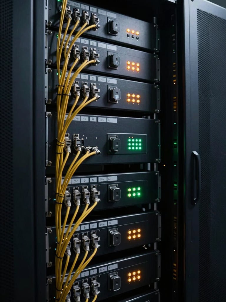 Wide shot of a professional AV equipment rack inside a darkened server room, patch cables routed with precision and labeled, indicator LEDs glowing amber and green, cinematic tungsten key light raking across the rack face from the left, deep shadow on the right side, no people visible