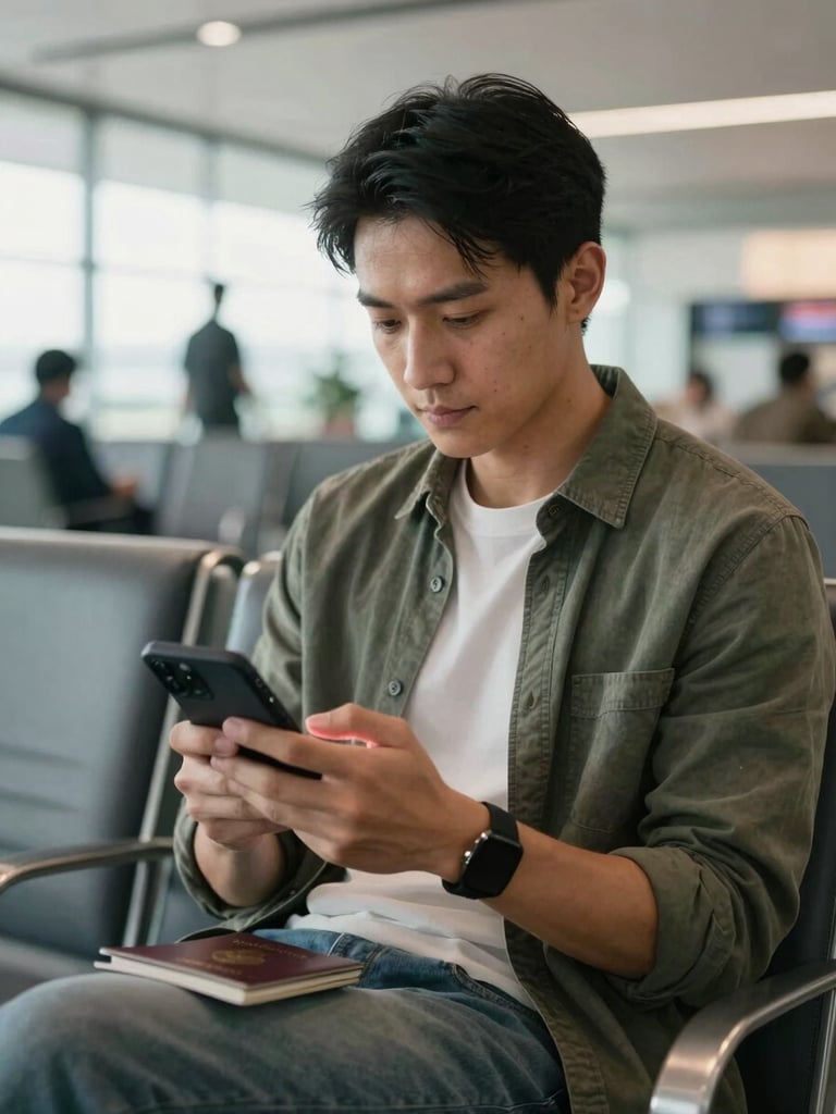 Candid medium shot of a calm traveler in a bright, modern airport lounge, looking down at a phone with a passport in hand, soft daylight.