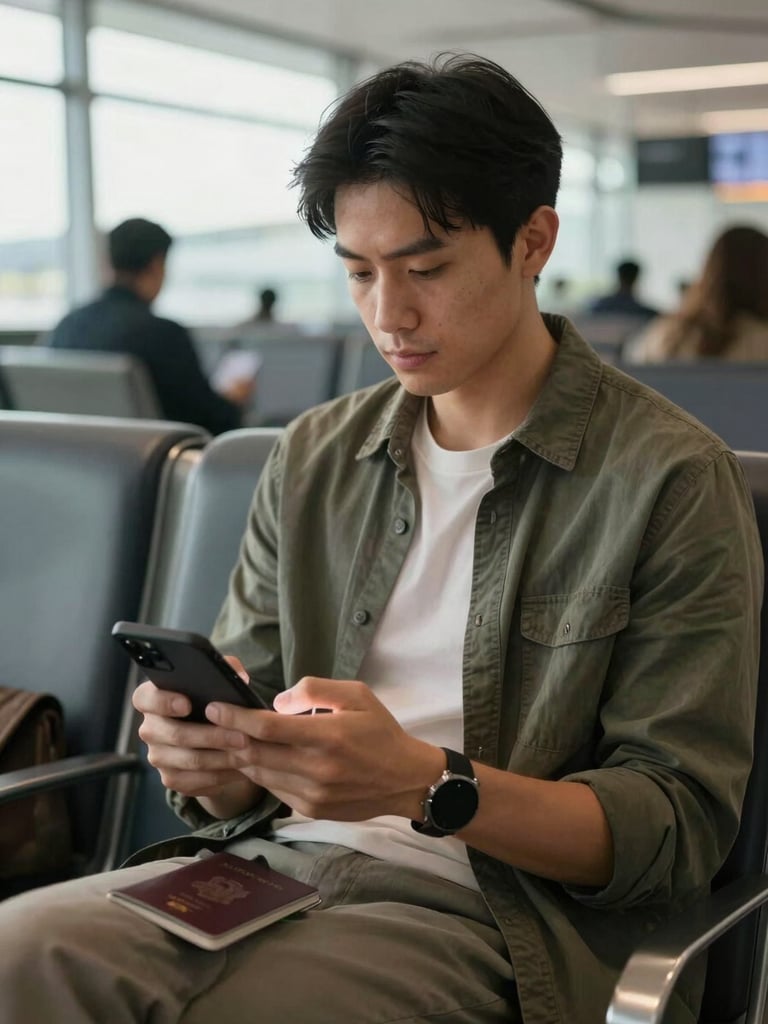 Candid portrait of a calm traveler sitting in a premium airport lounge, holding a passport and sending a message on a smartphone, soft natural daylight.