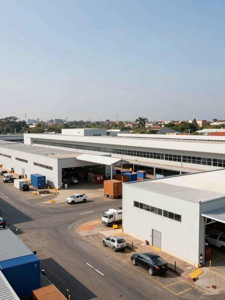 Wide architectural shot of a modern, organized logistics hub in Luanda under bright daylight, clean lines, professional environment.