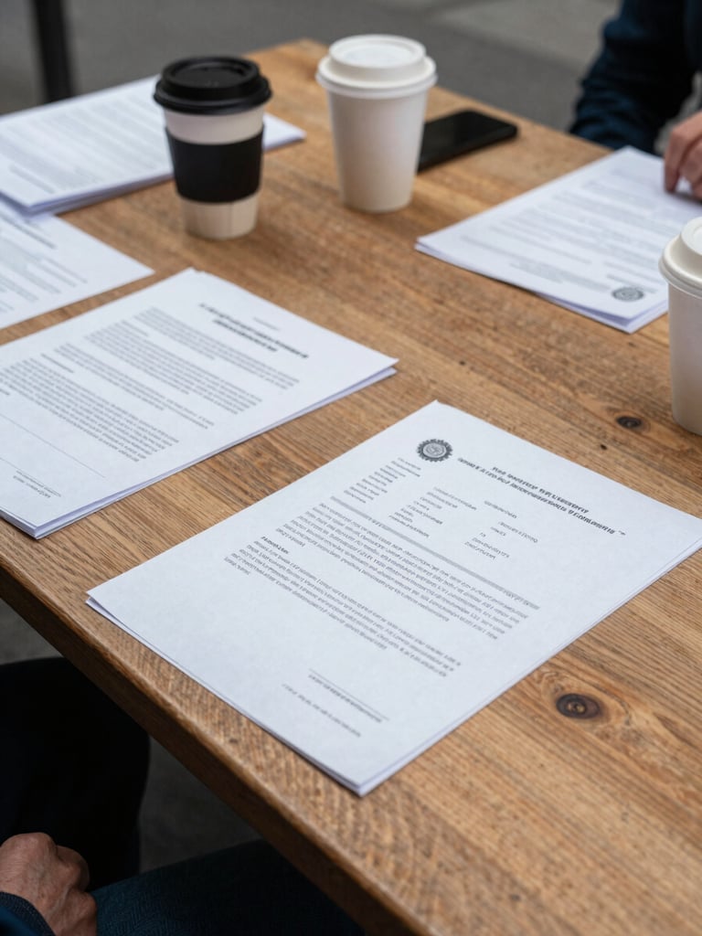 Close-up documentary photo of a wooden community meeting table with draft documents, papers, and coffee cups, natural morning light, 35mm lens.
