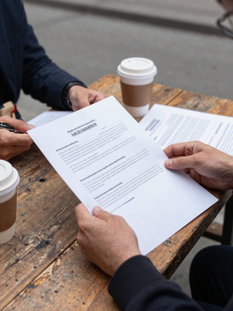 Close-up of a rustic wooden table in a neighborhood association, hands holding draft documents, coffee cups, natural overcast daylight, honest documentary photography.