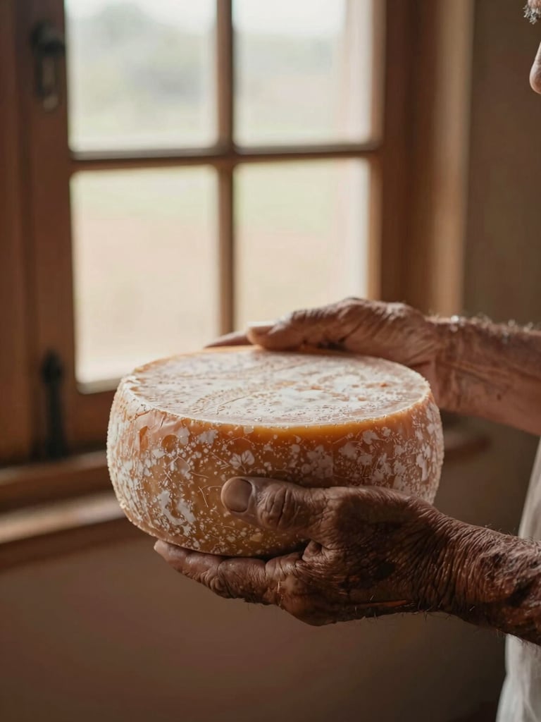 Close-up of an elderly Brazilian farmer's weathered hands holding a rustic wheel of artisanal cheese, soft morning window light, warm earthy clay tones, 35mm photography