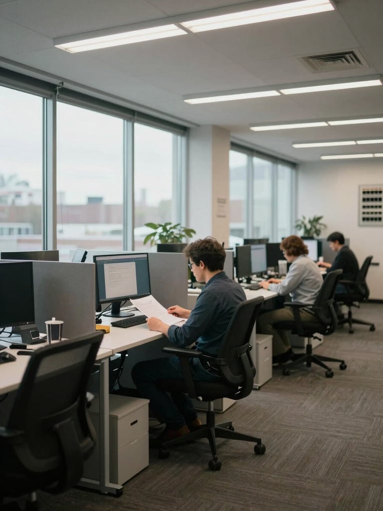 Wide environmental shot of a Canadian open-plan office, a worker seated at a desk reviewing documents on a monitor, natural daylight through floor-to-ceiling windows, neutral fluorescent fill, network patch panel visible on a side wall in soft focus