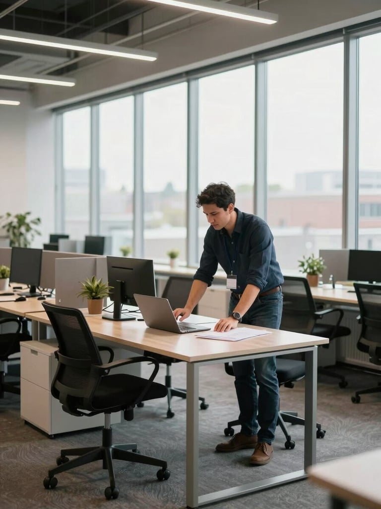 Wide environmental shot of a modern Canadian open-plan office, a manager at a standing desk reviewing documents on a laptop, natural daylight flooding through floor-to-ceiling windows, neutral office tones, no posed expressions, genuine work in progress