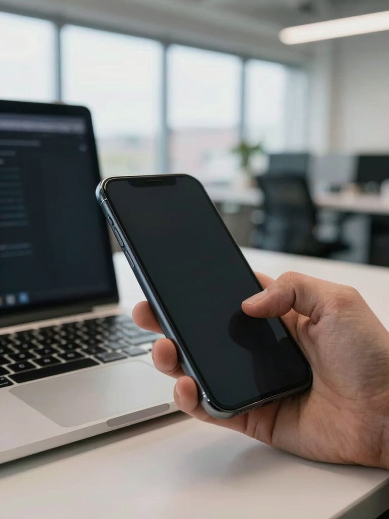 Close-up of a hand holding a smartphone on a desk in a Canadian open-plan office, natural daylight from large windows, laptop keyboard visible in background, shallow depth of field, no people's faces visible