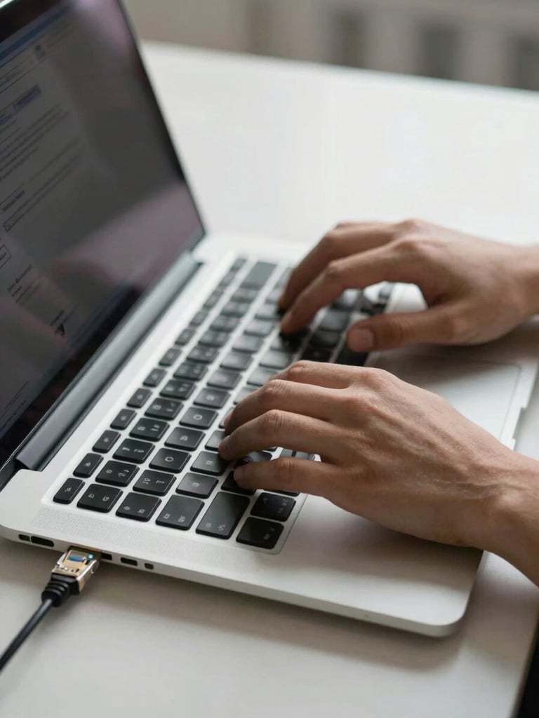 Close-up overhead shot of hands typing on a laptop keyboard at a clean office desk, a CAT6 ethernet cable plugged into the side of the laptop visible in the foreground, daylight from a window to the left, shallow depth of field, neutral tones