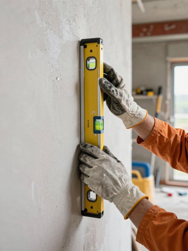 Close-range shot of a mason's gloved hands pressing a level against a freshly plastered wall, overcast natural light revealing the flush, precise surface, construction site background slightly out of focus showing organized tools and safety equipment