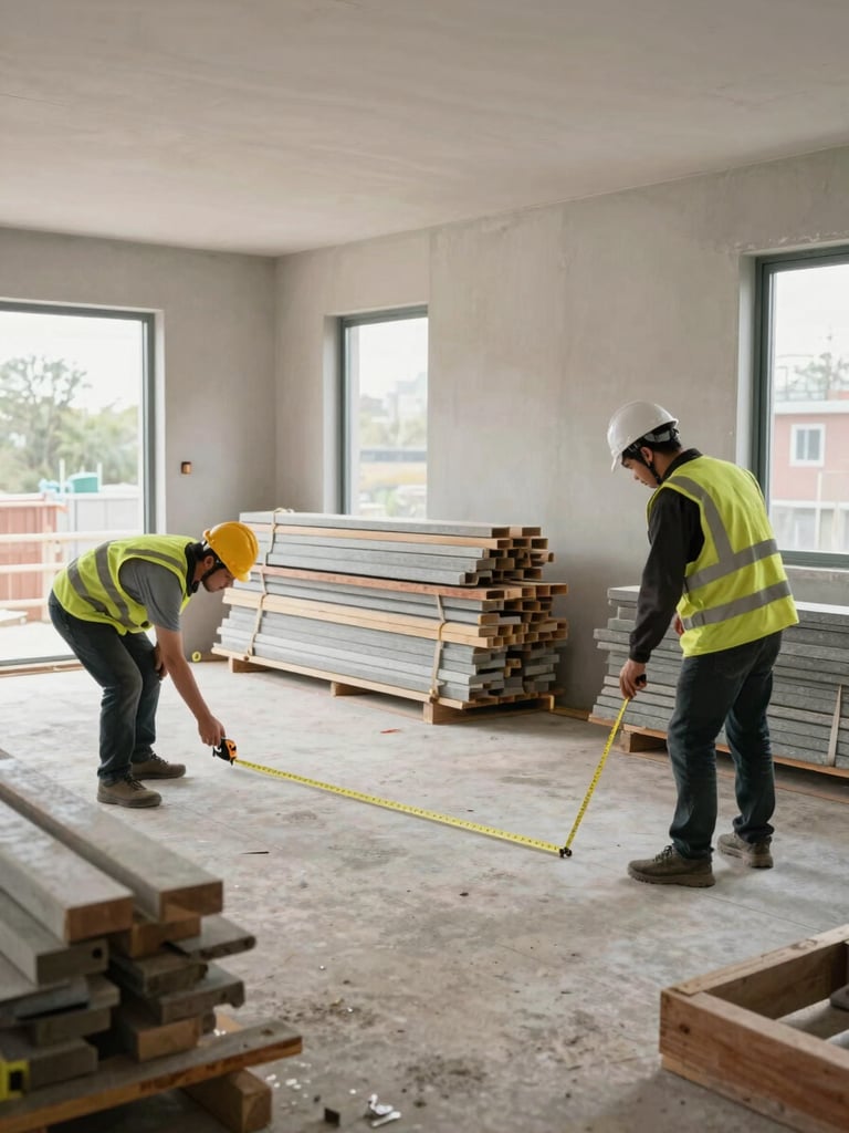 Wide shot of an organized construction job site interior, materials stacked neatly against a wall, workers in safety helmets and vests measuring a floor with a tape measure, overcast natural light through open windows, no chaos