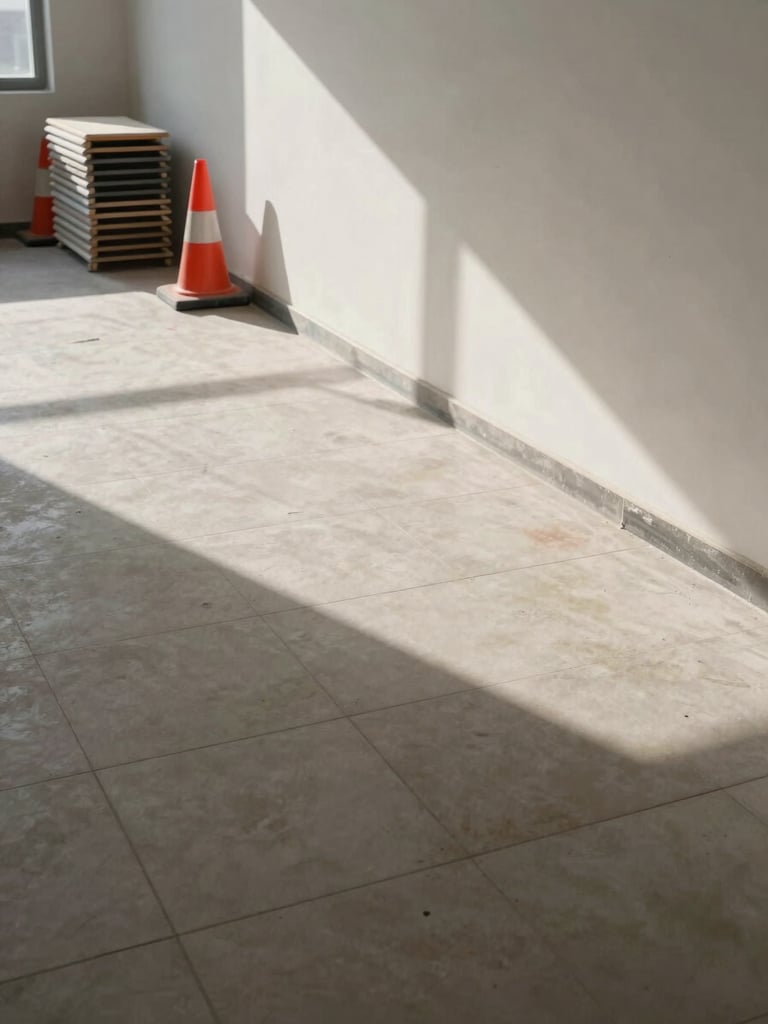 Wide organized job site interior showing freshly tiled floor transition meeting a plumb wall, work lighting casting sharp shadows that reveal precise alignment, safety cones and clean material stacks visible in background