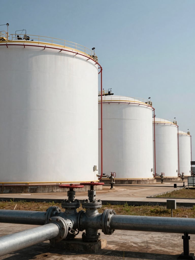 Wide environmental shot of a large bulk petroleum storage facility at hard daylight — cylindrical white tanks receding into the right frame, foreground pipework and valve infrastructure in sharp focus, industrial site lighting on the far tanks, high-contrast documentary feel, no people