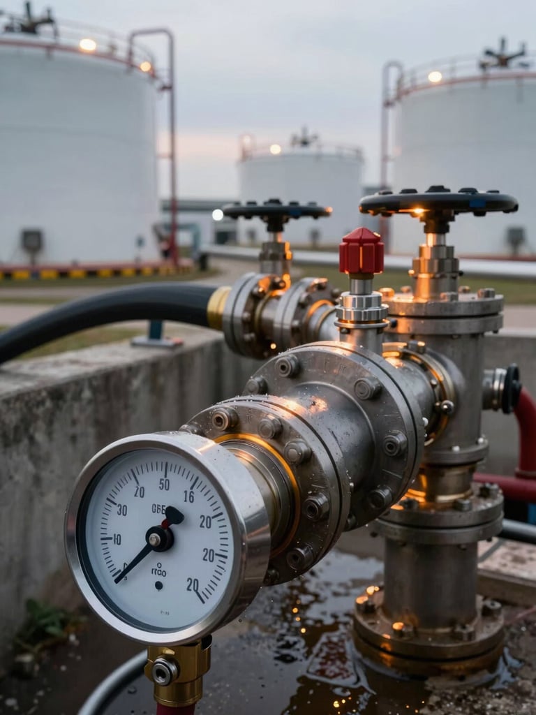 Close-up documentary frame of a bulk fuel transfer in progress — a large-diameter hose coupling connected to a storage manifold, fuel gauge needle visible in sharp focus in the foreground, industrial tank infrastructure and concrete bunding receding out of focus behind, sodium vapor site lighting casting amber tones across wet metal fittings