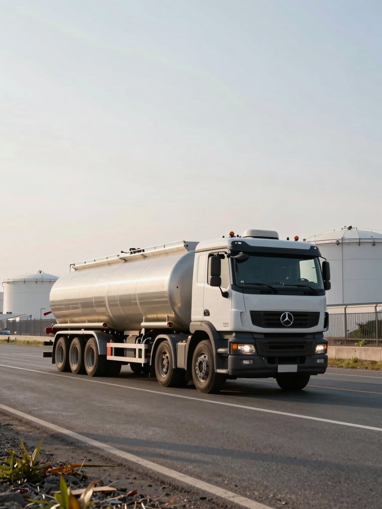 Wide shot of a bulk fuel tanker truck in motion along an industrial access road at site, shot from a low angle at the front-quarter, hard morning daylight casting a long shadow, storage infrastructure visible in the background, high-contrast documentary framing