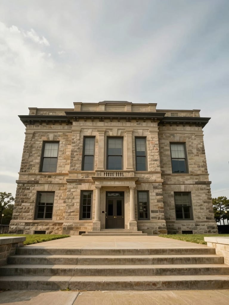 Wide environmental shot of a rural Missouri courthouse exterior under flat morning light, stone facade and tall windows framed from a low angle, empty steps leading up, overcast sky above