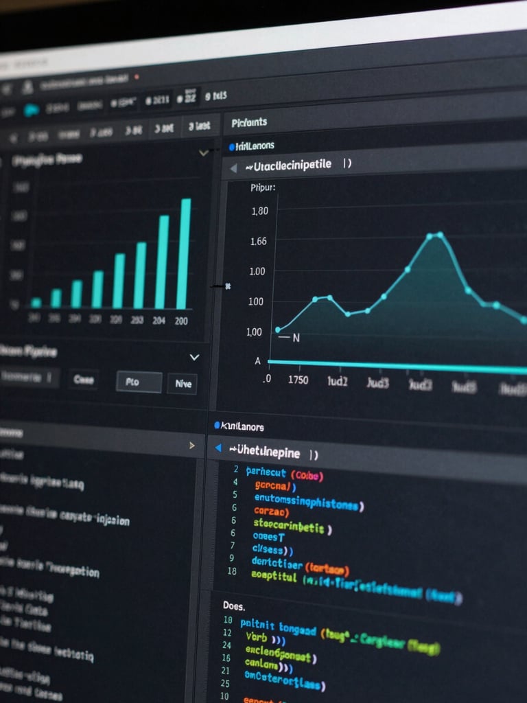 A high-contrast, macro close-up of a clean, dark-mode software interface showing automated data pipelines, crisp teal charts, and structured code blocks under cool studio lighting.