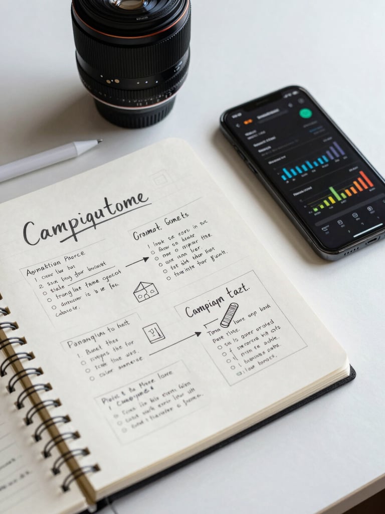 Overhead flat-lay of a notebook with handwritten campaign strategy sketches, a smartphone showing ad performance metrics, and a stylus resting on a white desk under cool studio lighting