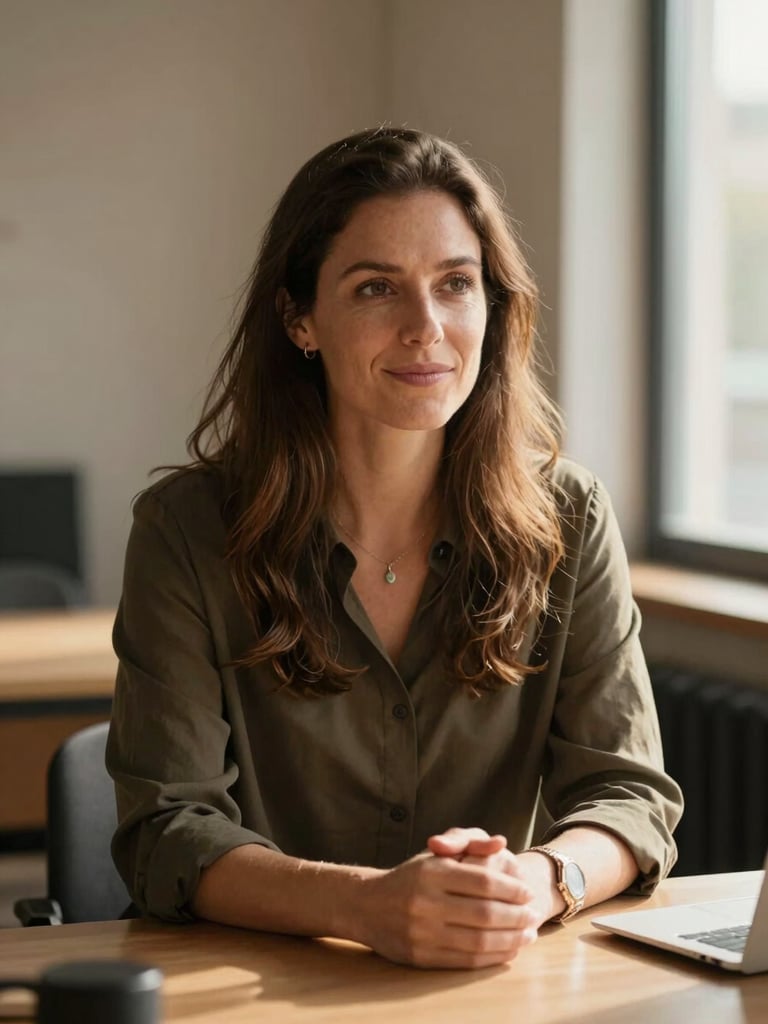 Portrait chaleureux d'une femme coach professionnelle, regard bienveillant et assuré, assise dans un bureau lumineux aux tons chauds naturels, lumière douce latérale venant d'une fenêtre.