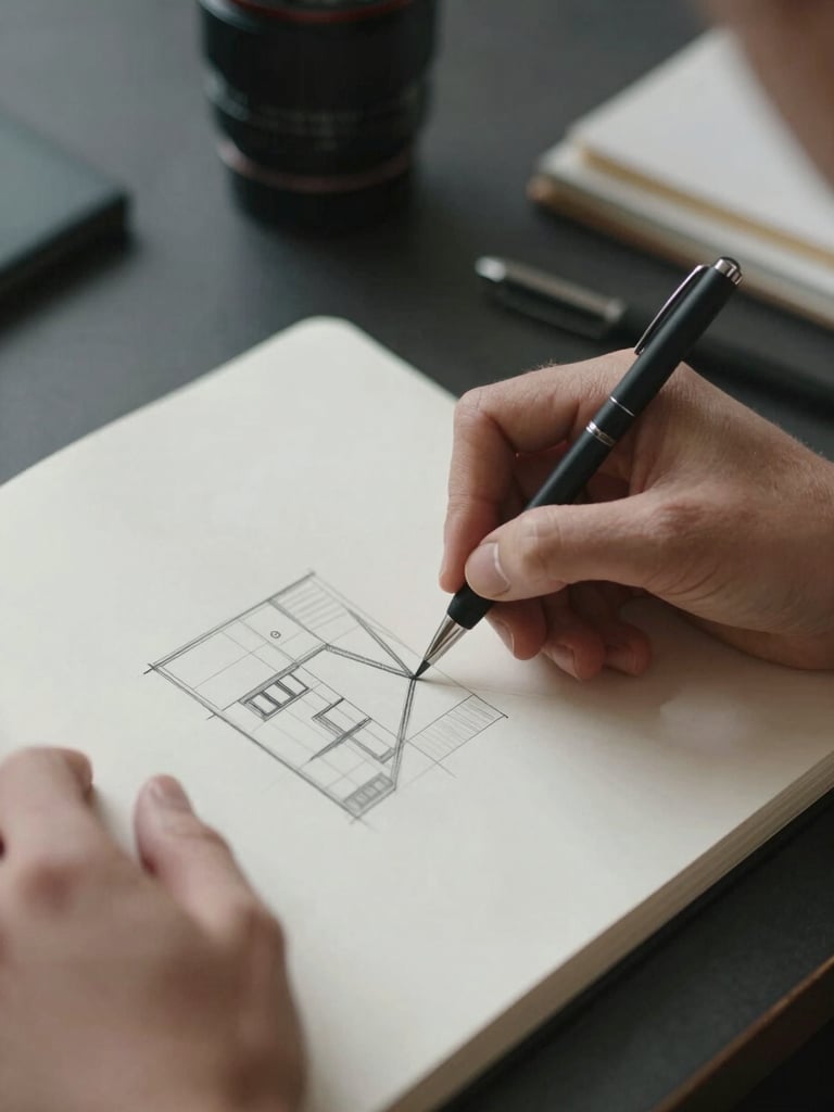 A side-lit close-up of hands sketching a precise layout in a notebook on a dark desk, soft natural light, elegant and quiet composition.