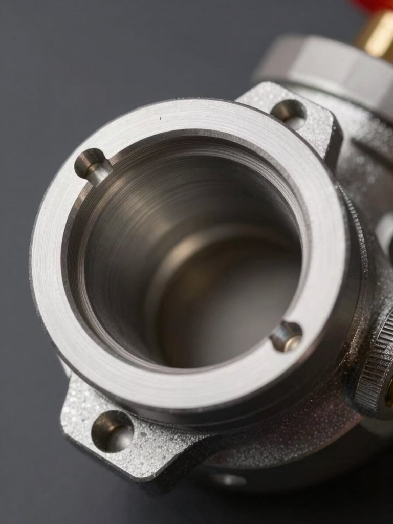 Extreme close-up macro cross-section of a forged gate valve body, studio strobe lighting revealing internal bore geometry and machined seating faces, dark grey background, no workers, no text