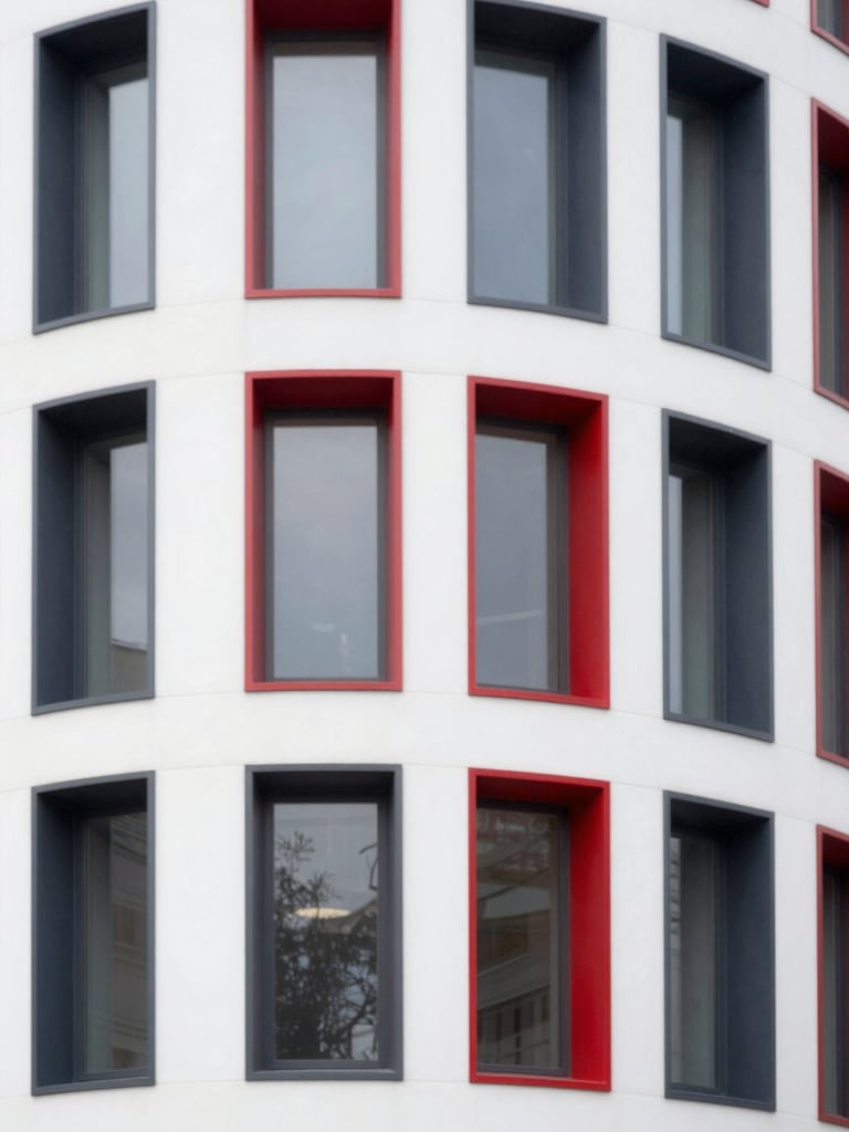 Clean modern building facade with sharp geometric lines, bright daylight, safety red accent on the window frame, architectural details