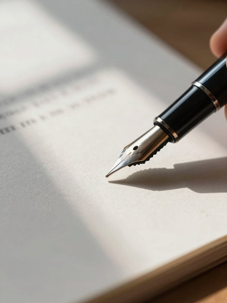 Macro close-up of a heavy cotton paper document with a fountain pen resting on it, soft diffused natural daylight from a high window, architectural shadows.