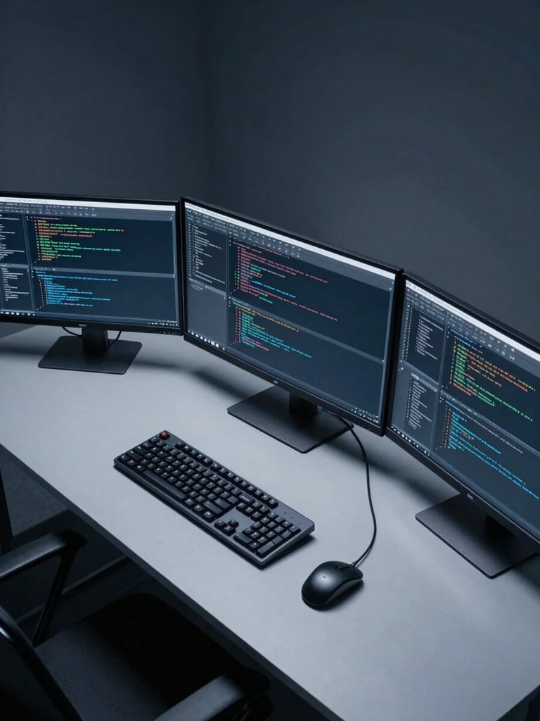 Wide-angle overhead view of a large technical workstation, three monitors displaying code and system architecture diagrams, keyboards and input devices in sharp focus, controlled studio lighting, no human subjects, monochromatic blue-grey tone