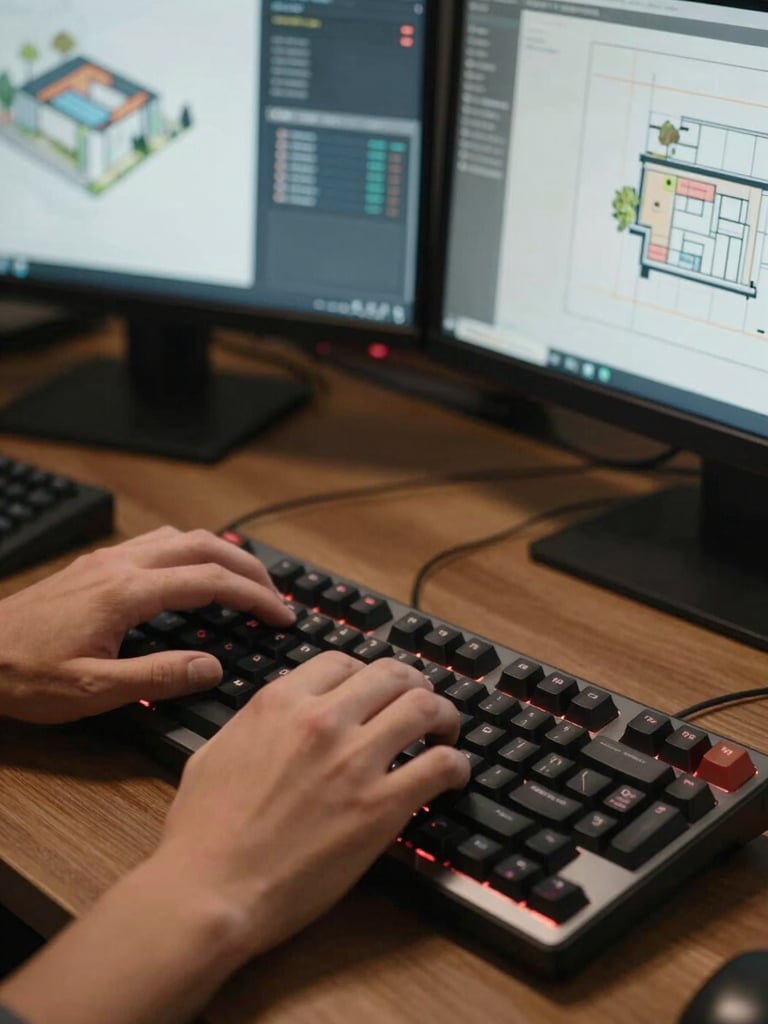 Close-up overhead of a developer's hands on a mechanical keyboard, multiple monitors in background displaying architecture diagrams and data schemas, controlled studio lighting, no warm tones, precise and technical atmosphere