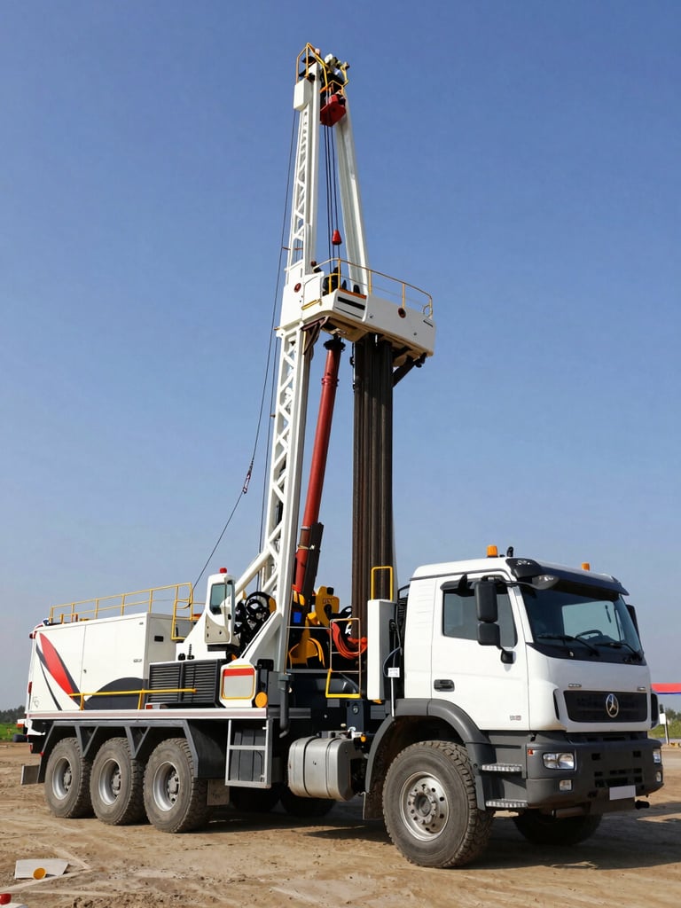 Low-angle heroic shot of a truck-mounted modern drilling rig in active operation, clear blue sky, clean industrial setup, Bahia landscape background.