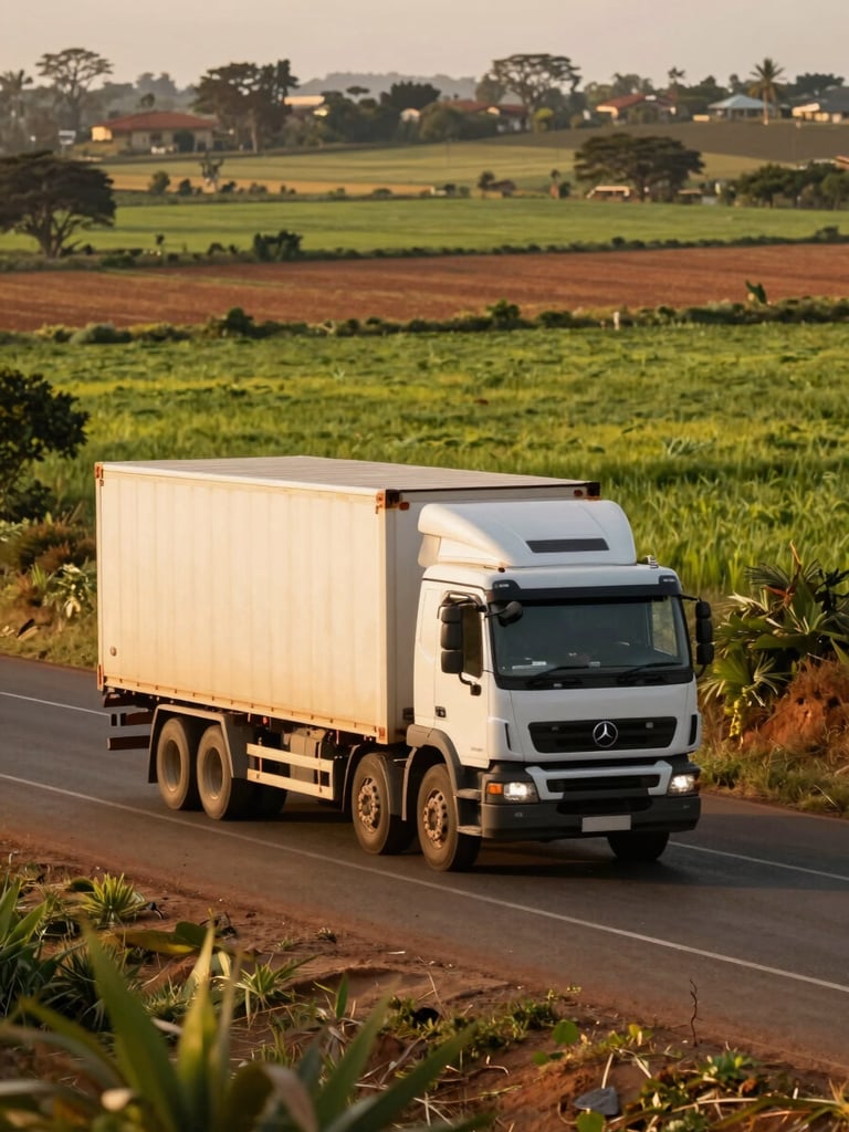 Warm editorial photography of a modern logistics truck driving on a paved regional road in Mozambique, vast agricultural fields in the background, golden-hour natural light, rich green and terracotta tones, 35mm
