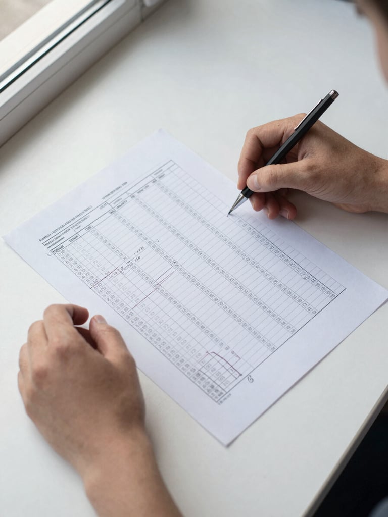 Overhead desk shot: two hands reviewing a multi-page printed spreadsheet with rows of creditor data and highlighted cells, a mechanical pencil making margin notes, daylight from a window to the left, no faces, clean white desk surface visible at edges
