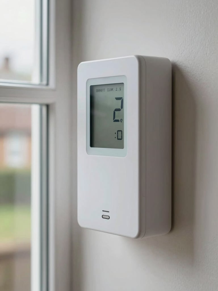 A close-up of a modern UK smart meter mounted on a clean utility wall, displaying real-time electricity consumption in pounds, soft natural window light, 35mm