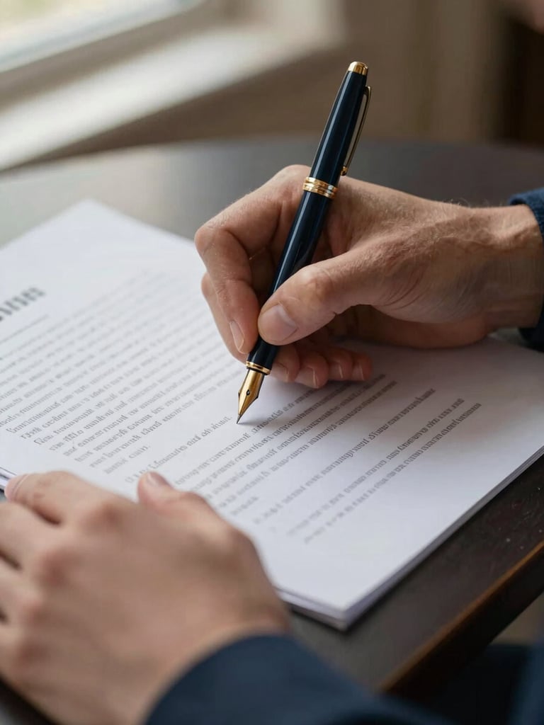 Close-up of hands signing a contract with a fountain pen on heavy paper, warm natural light, deep navy and gold tones, sharp architectural details, 35mm, shallow depth of field.