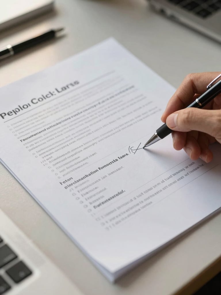 Close-up overhead flat-lay of a compliance document being reviewed on a desk, a pen resting mid-annotation, soft north-facing daylight from the left, warm neutral surface, precise detail of handwritten margin notes