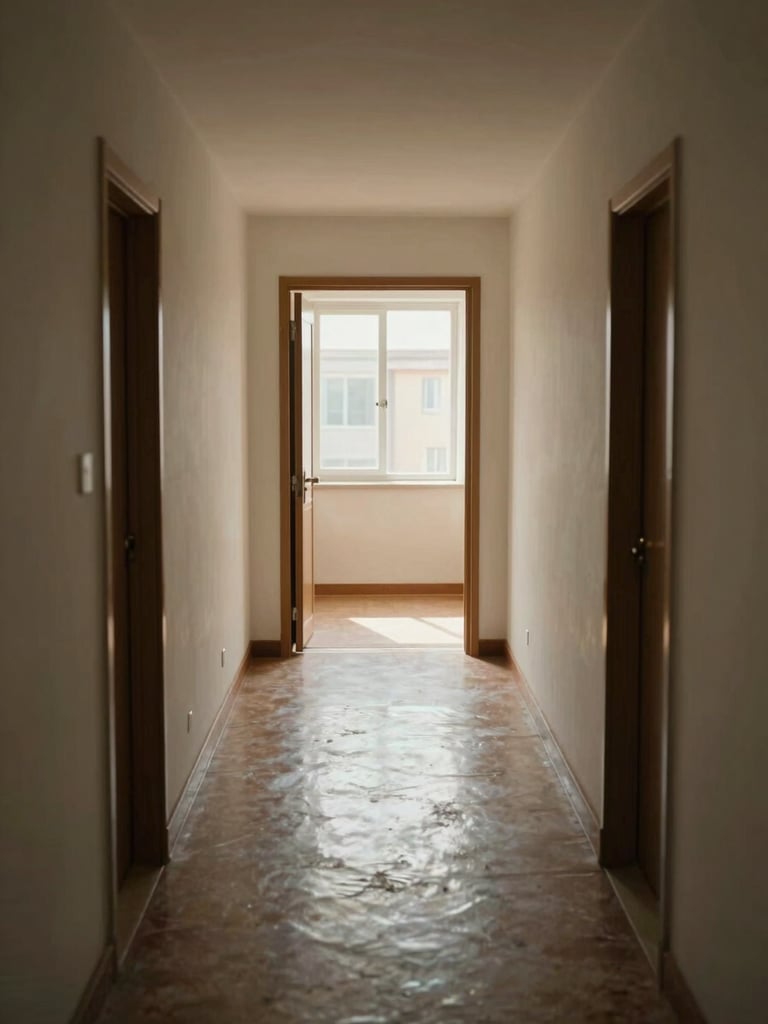 Wide residential corridor of a social housing building, natural daylight streaming through a window at the far end, linoleum floor reflecting soft light, an open apartment door to one side, no people, calm and inhabited atmosphere, muted warm tones